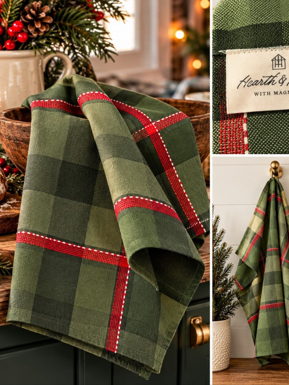 Hearth & Hand Magnolia Christmas Green Plaid Flour Sack Kitchen Towel NWT